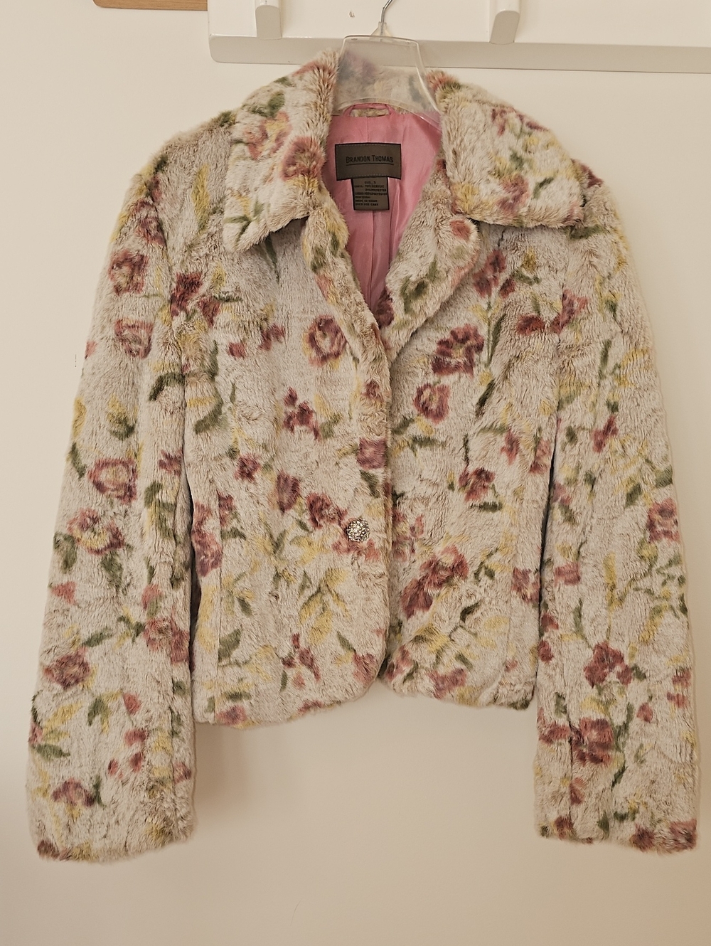 Brandon Thomas Size S Cropped Floral Faux-Fur Jacket in Mauve, Green and Cream
